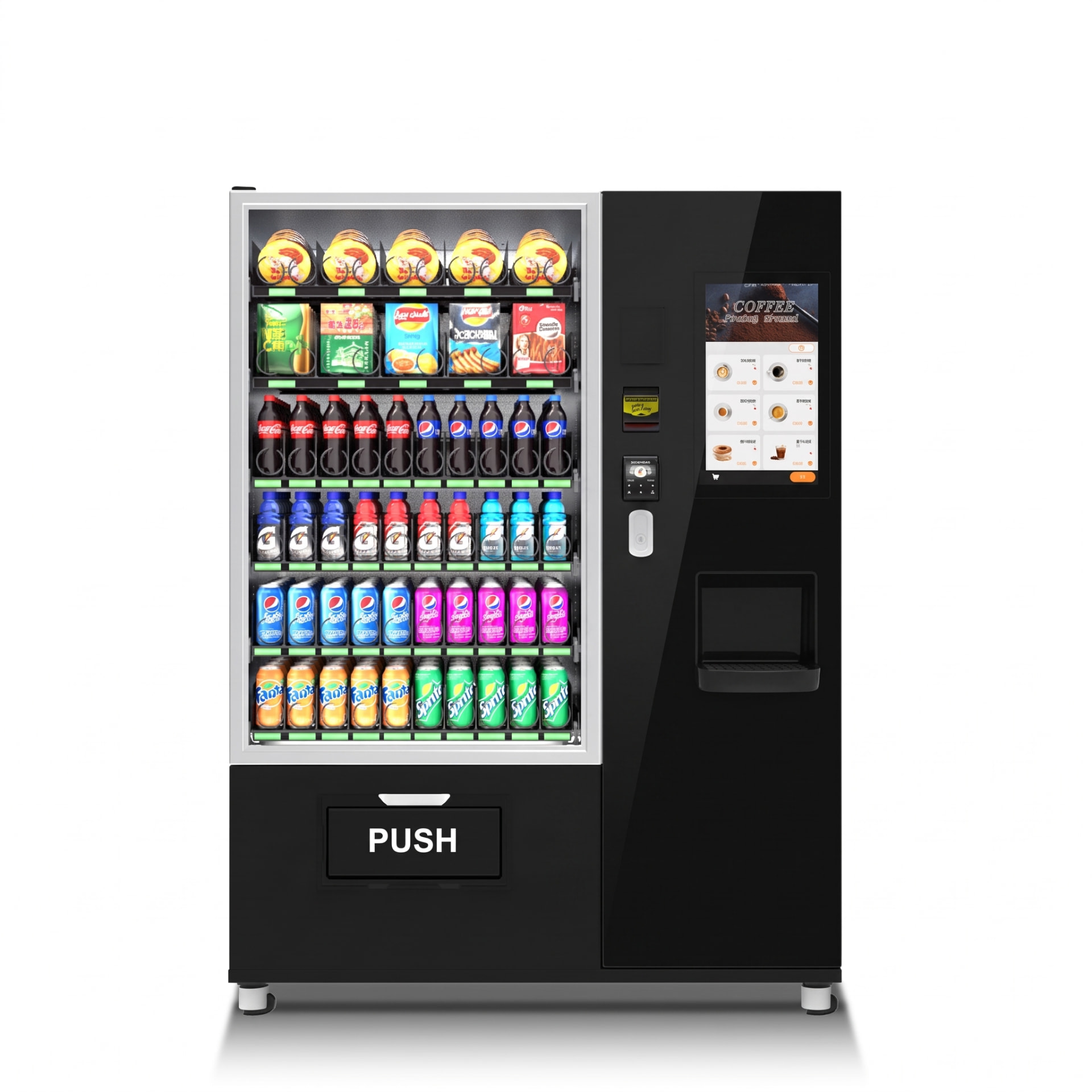 2-i-1 varuautomat med glasfront för dryck och snacks samt inbyggd kaffemaskin med pekskärm