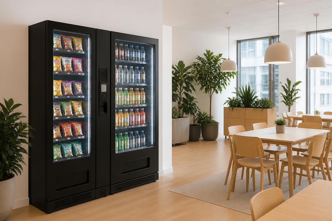 Klassisk varuautomat med dryck och snacks i ljus hotellounge